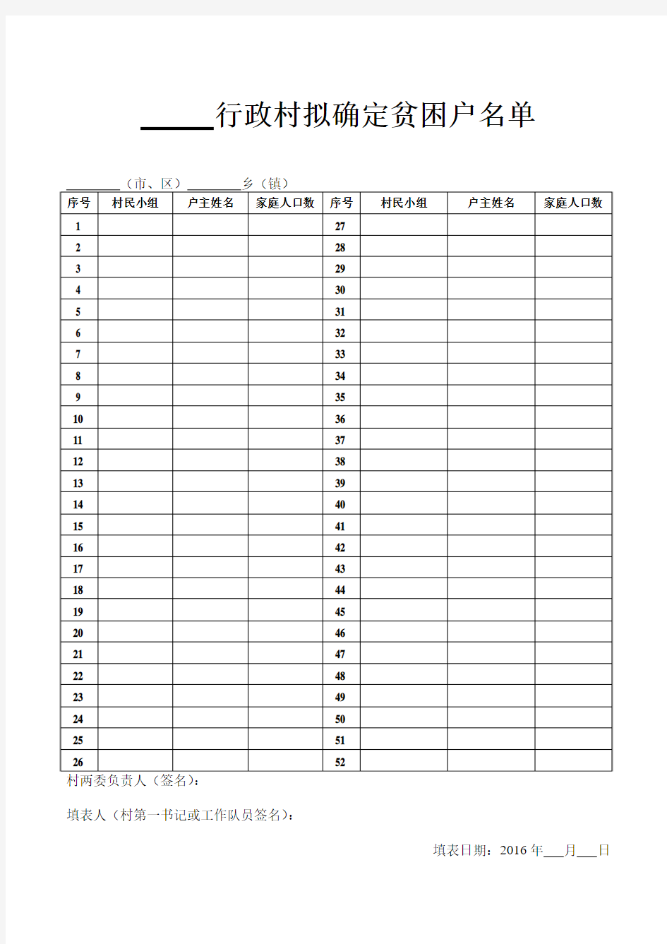 贫困户公示名单表格