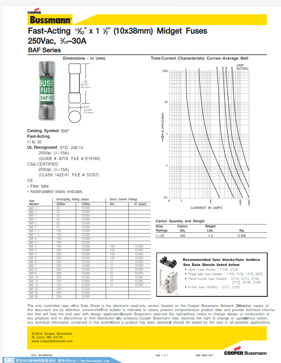 美国BUSSMANN BAF及BAN系列熔断器datasheet,选型手册,规格资料