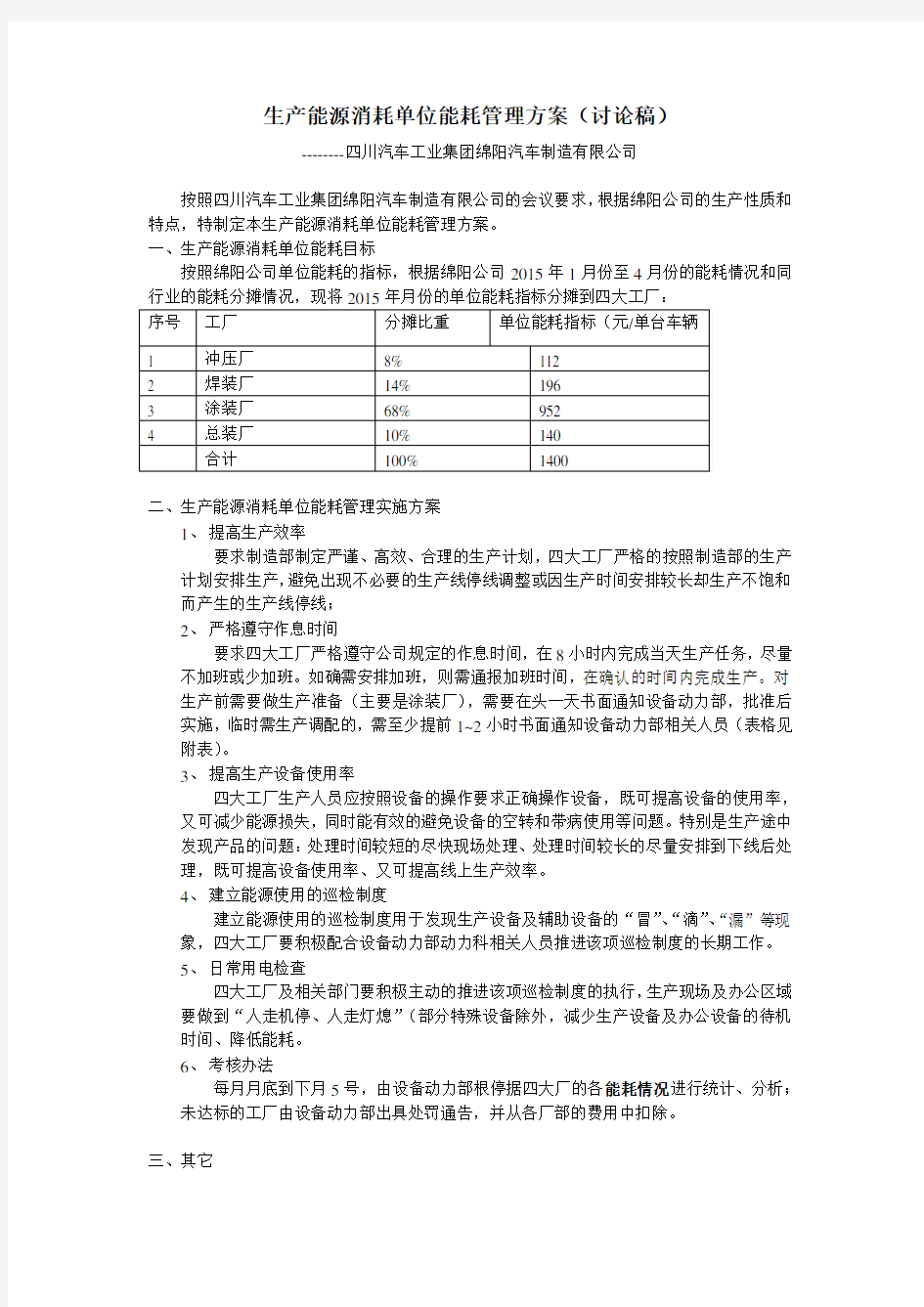 生产能源消耗单位能耗管理方案