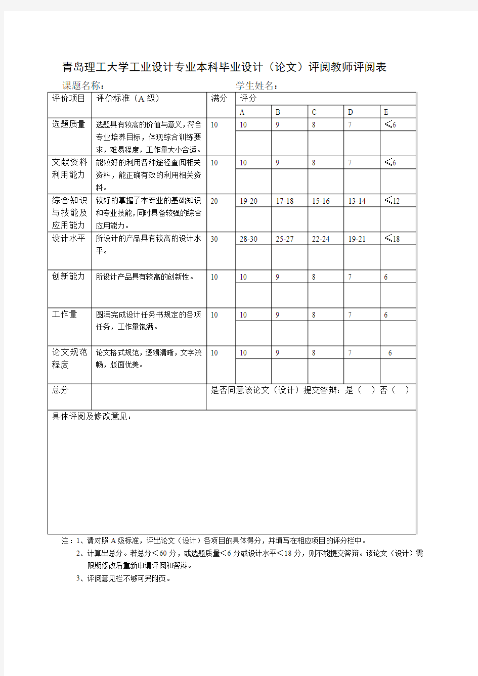 青岛理工大学毕业设计评分标准