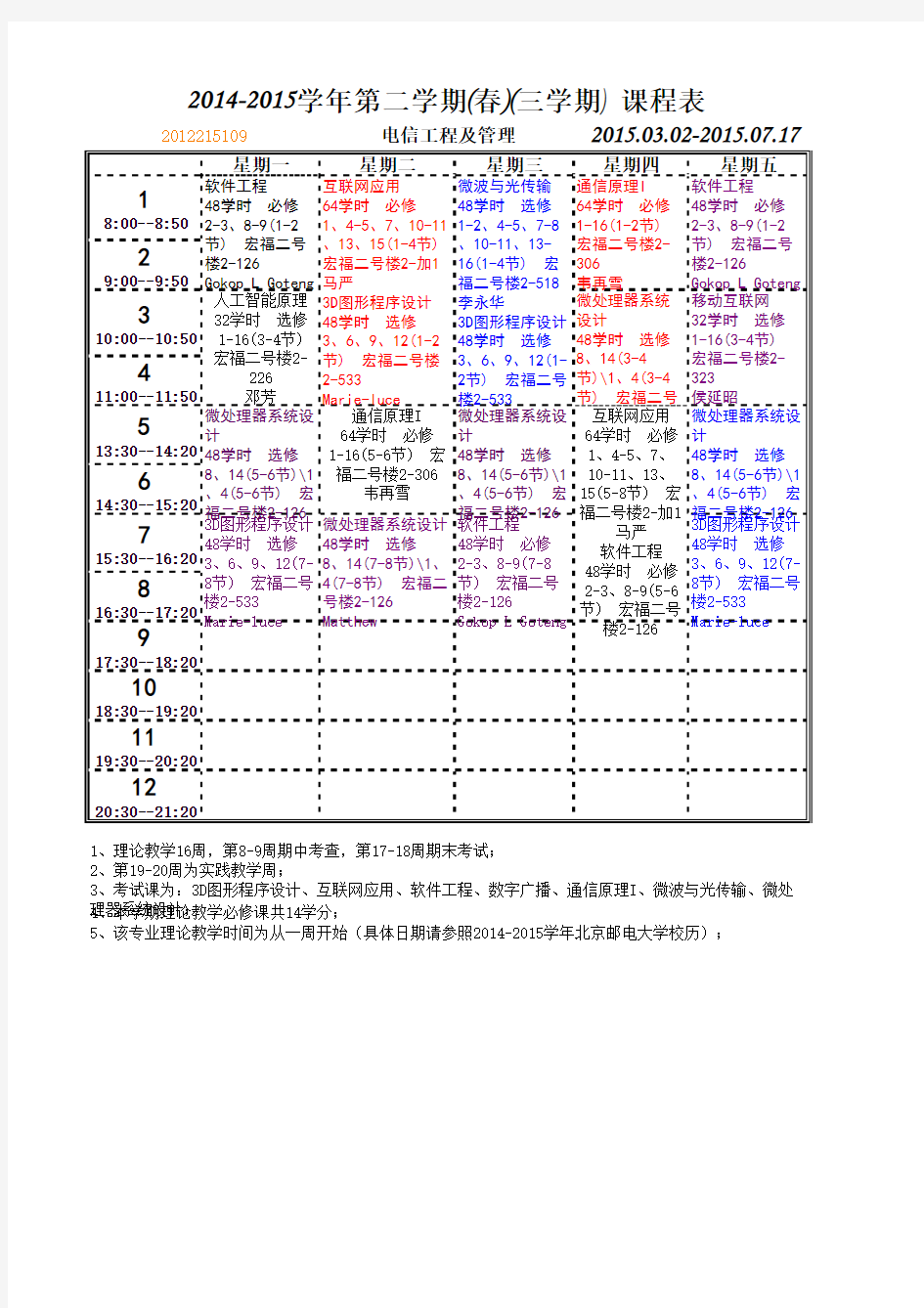 北京邮电大学2014-2015 12级课表