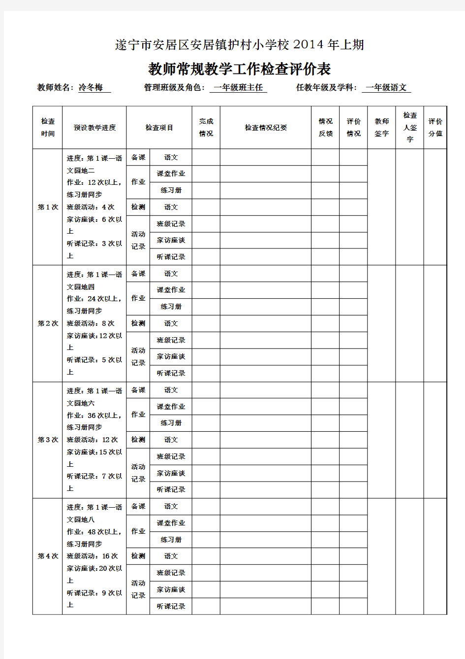 2014年上期教师常规教学工作检查评价表