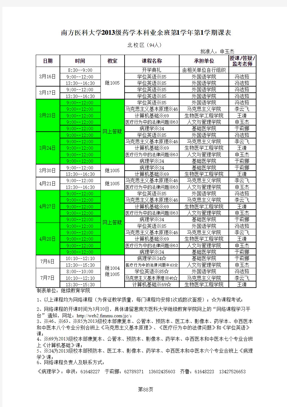 南方医科大学业余药学2013年课程表