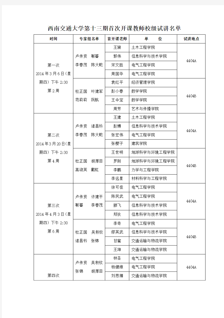 西南交通大学首次开课教师校级试讲名单