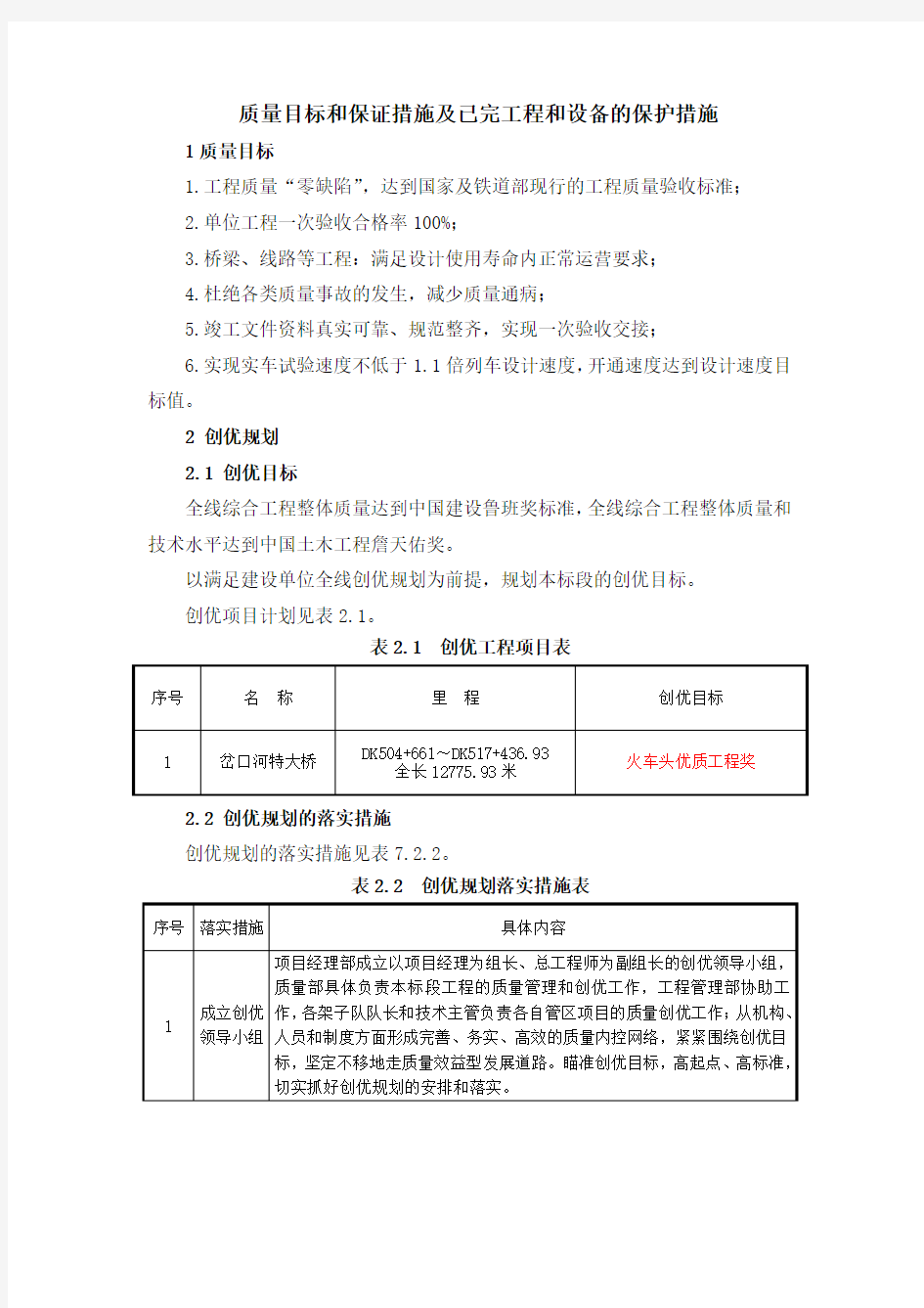 质量目标和保证措施及已完工程和设备的保护措施