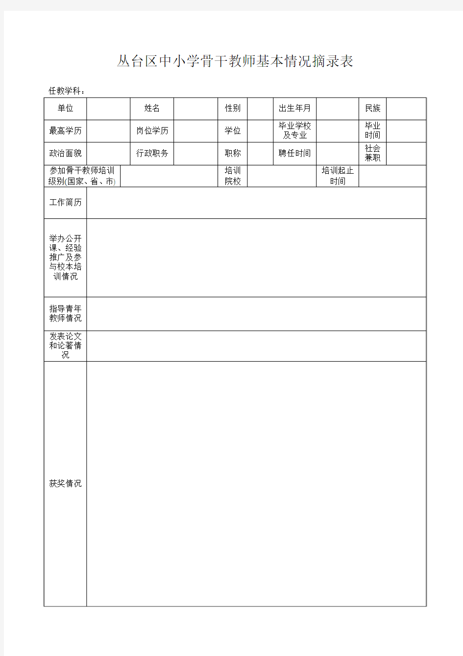 邯郸市中小学骨干教师基本情况摘录表