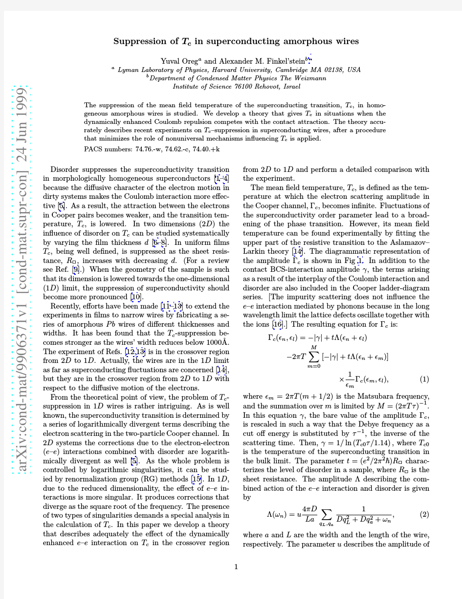 Suppression of $bbox{T_c}$ in superconducting amorphous wires