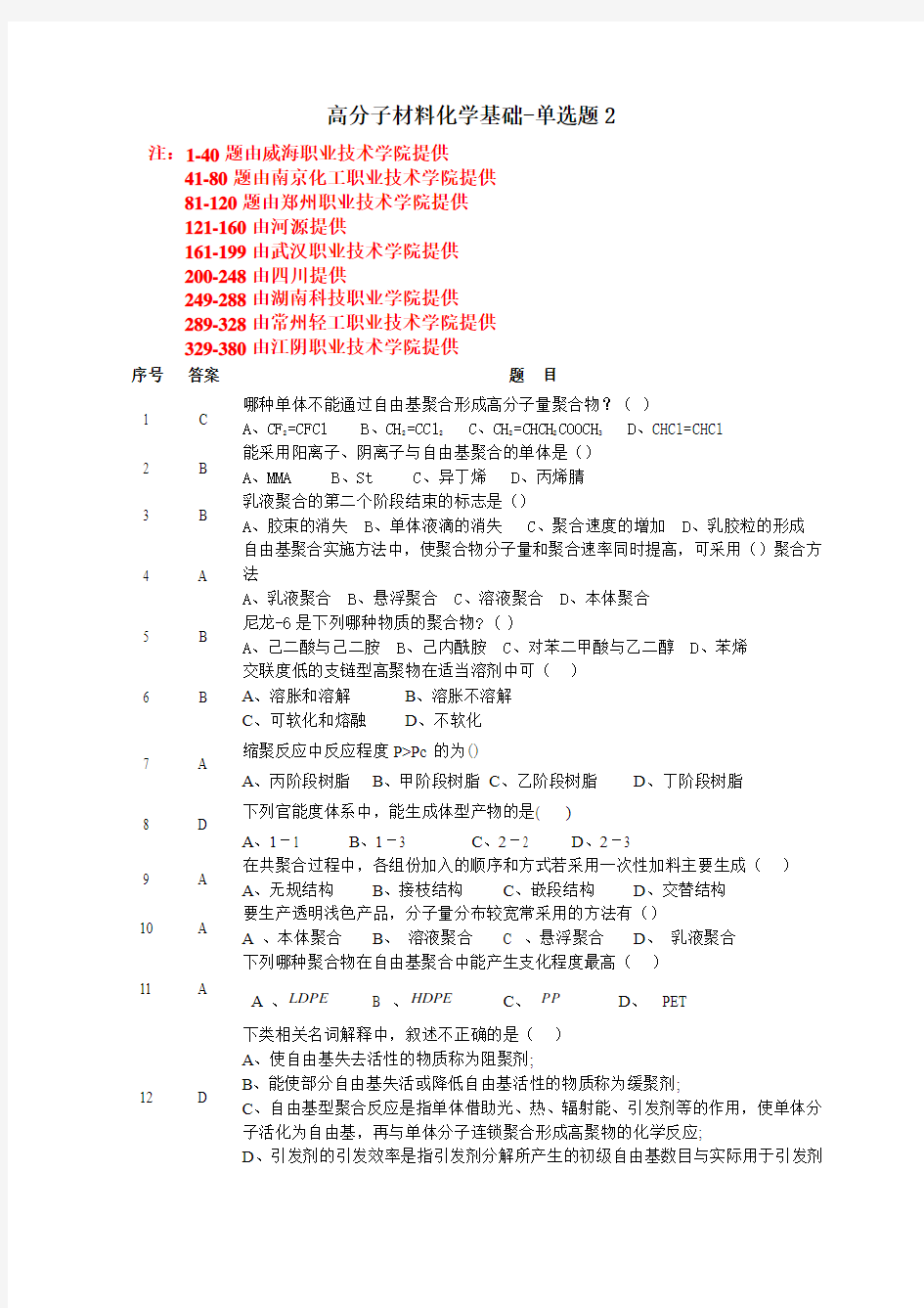 高分子材料化学基础单选题级别2