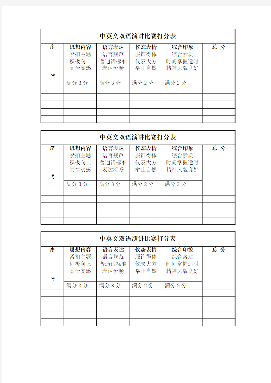 中英文双语演讲比赛决赛打分表