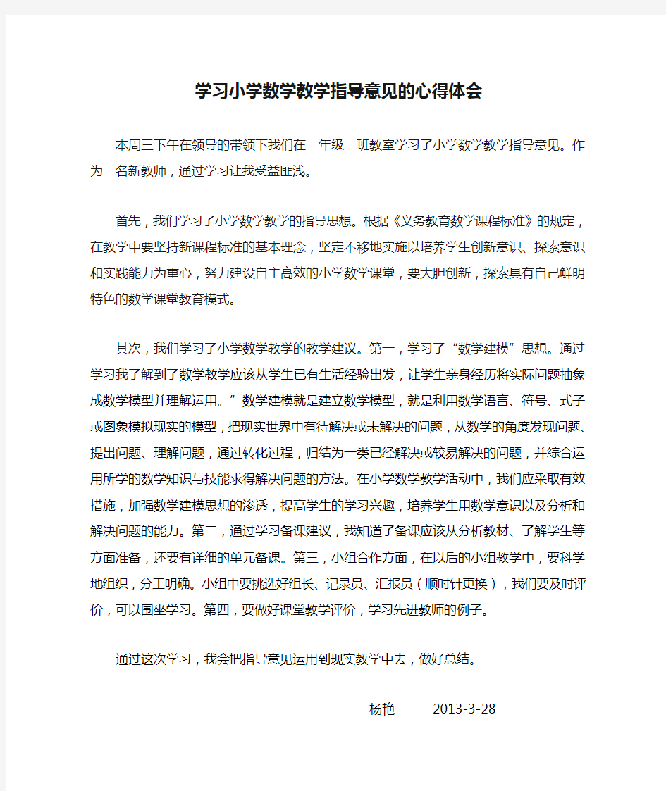 学习小学数学教学指导意见的心得体会