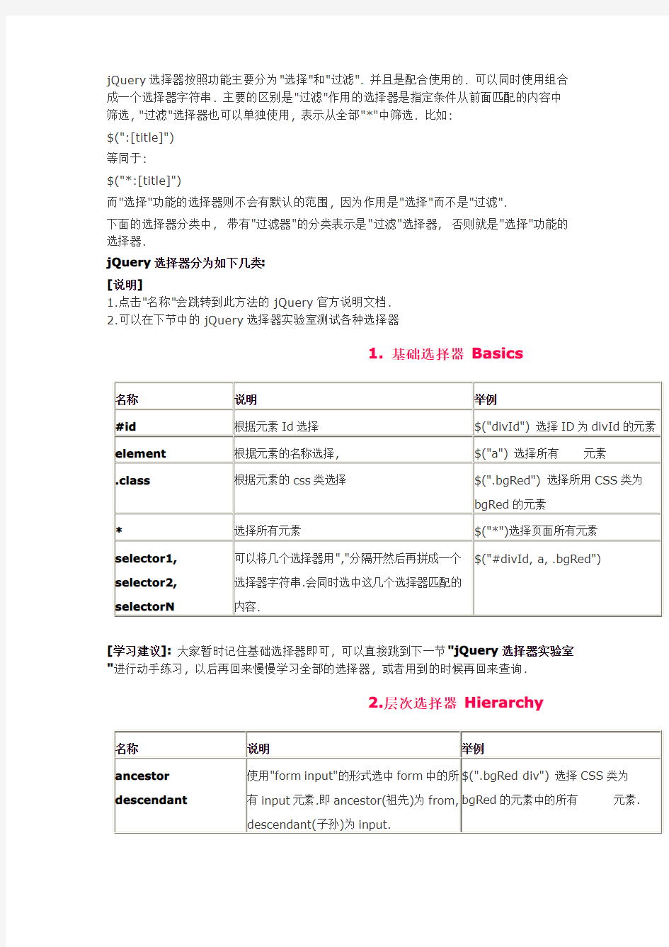 JQUERY选择器按照功能主要分为