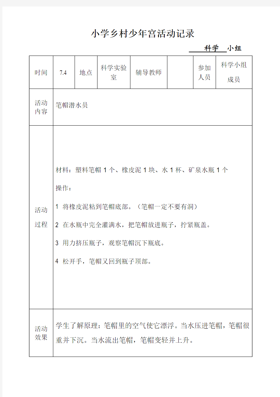 小学科学兴趣小组活动记录表2