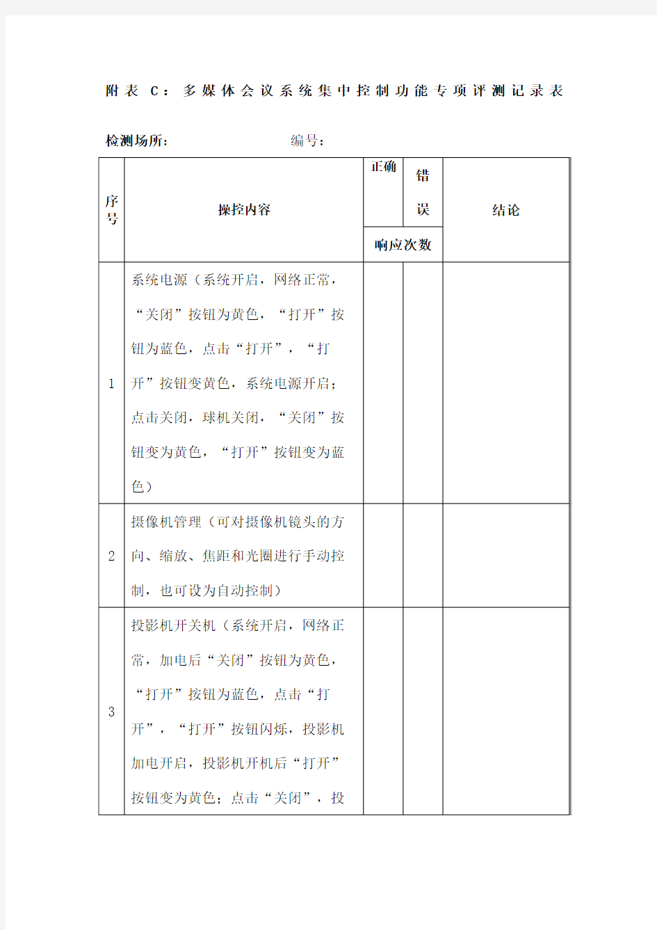 C多媒体会议系统集中控制功能测试记录表