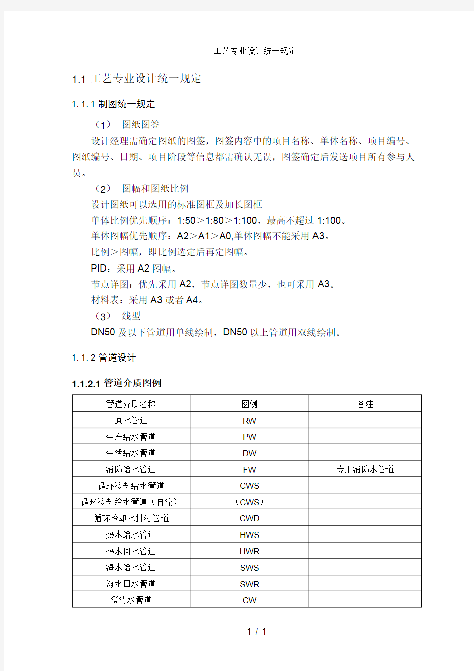 工艺专业设计统一规定