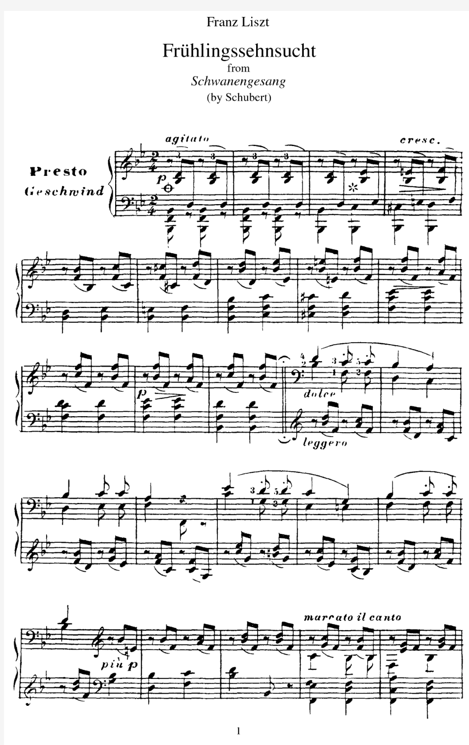 (李斯特 改编舒伯特版)Fruhlingssehnsucht (Schubert) 原版 五线谱 钢琴谱 正谱