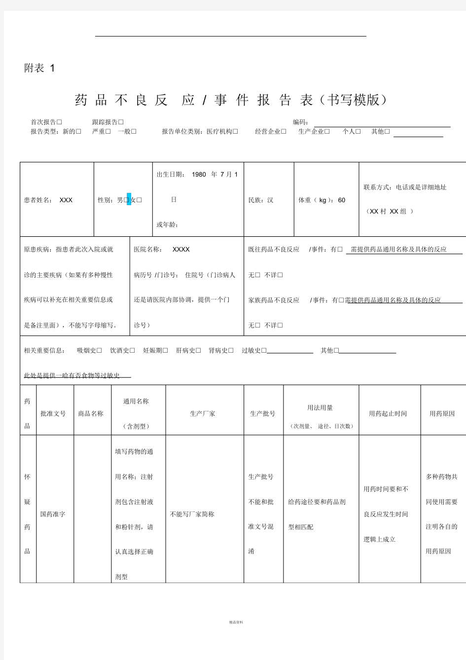 药品不良反应报告表(模版)