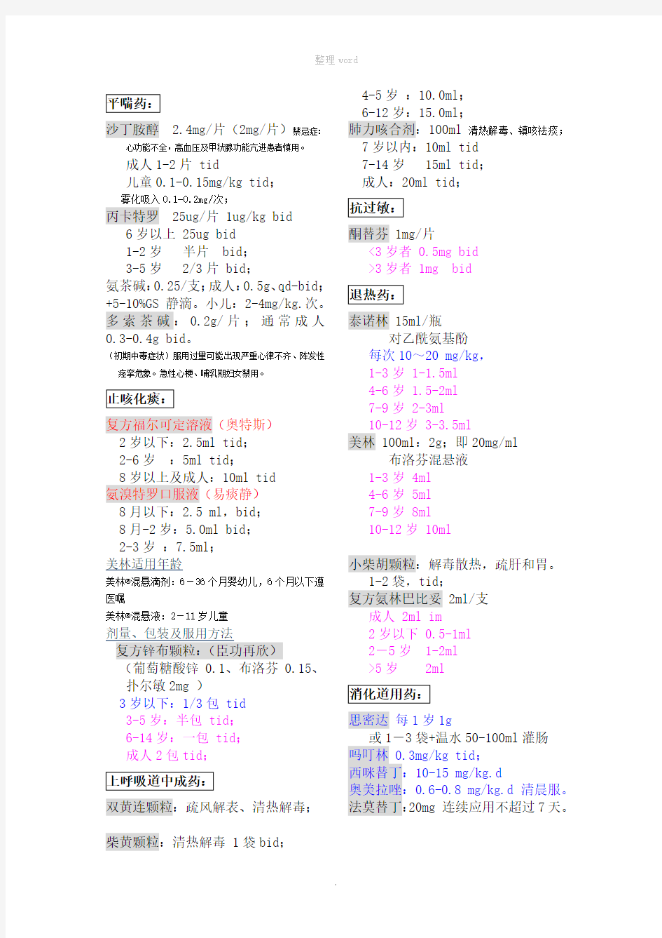 儿科常用药物剂量计算