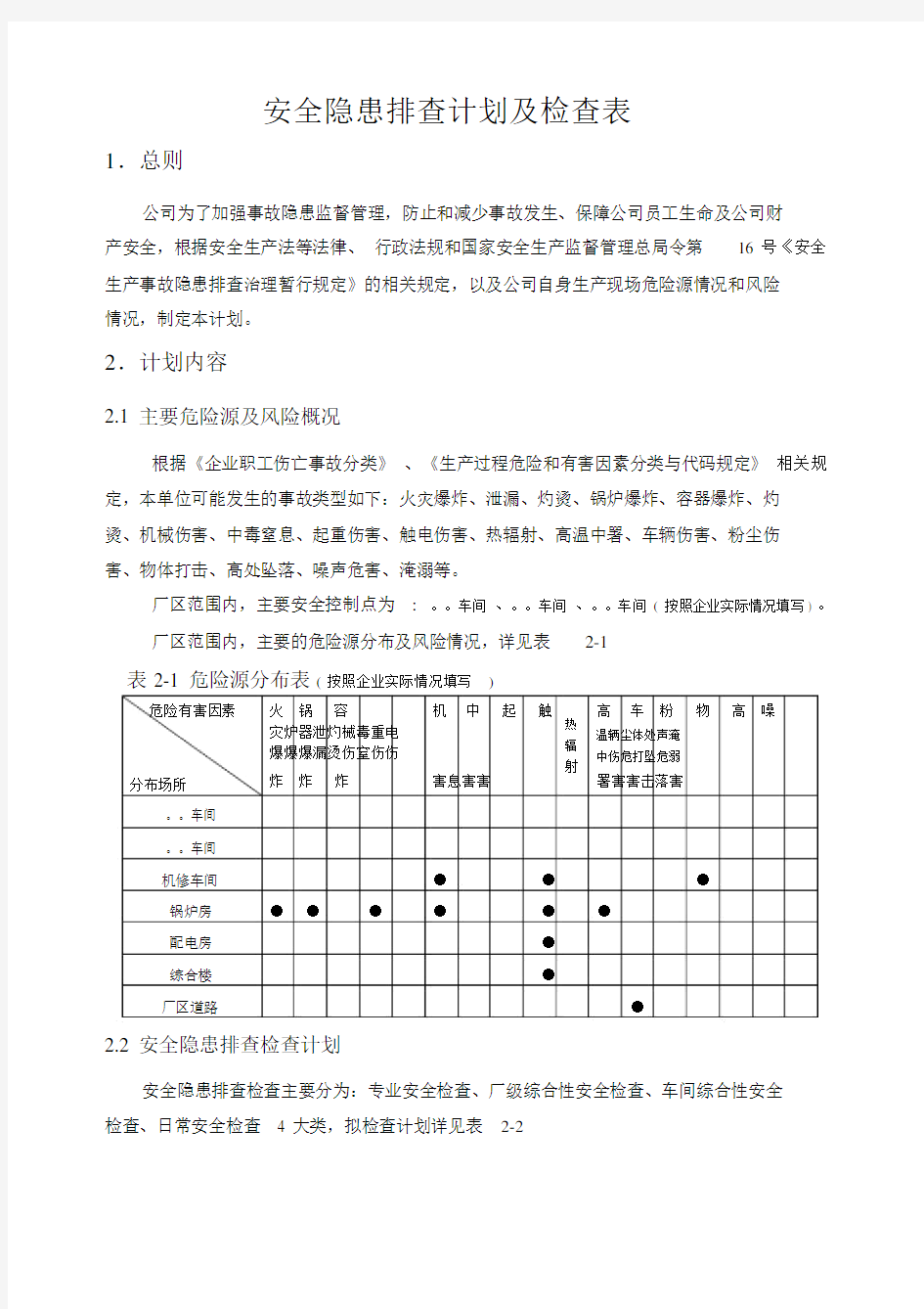 安全隐患排查计划及检查表