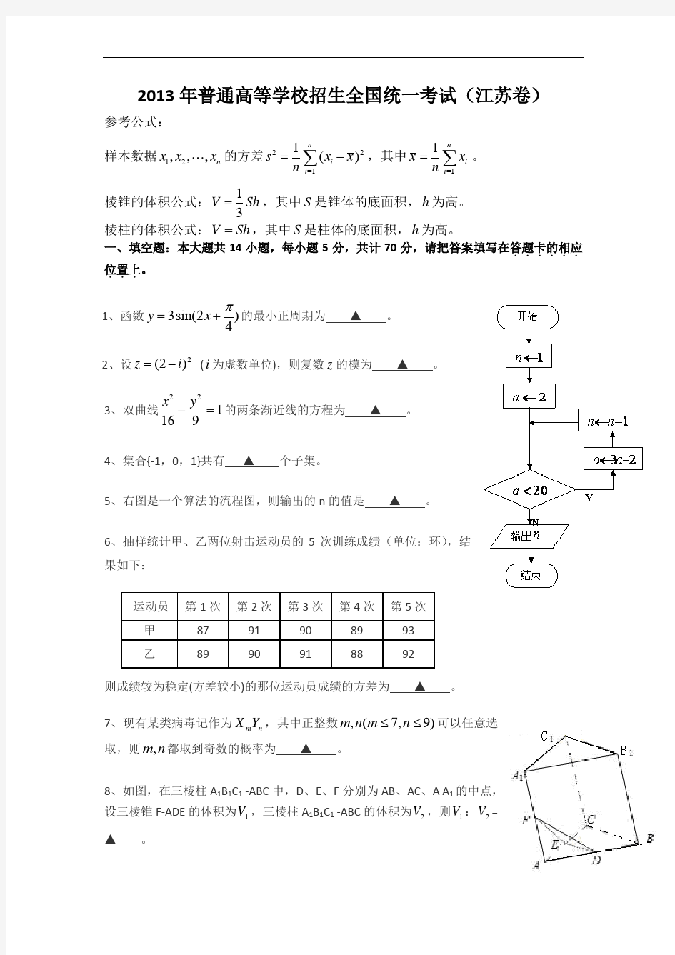 2013年江苏高考数学试题及答案