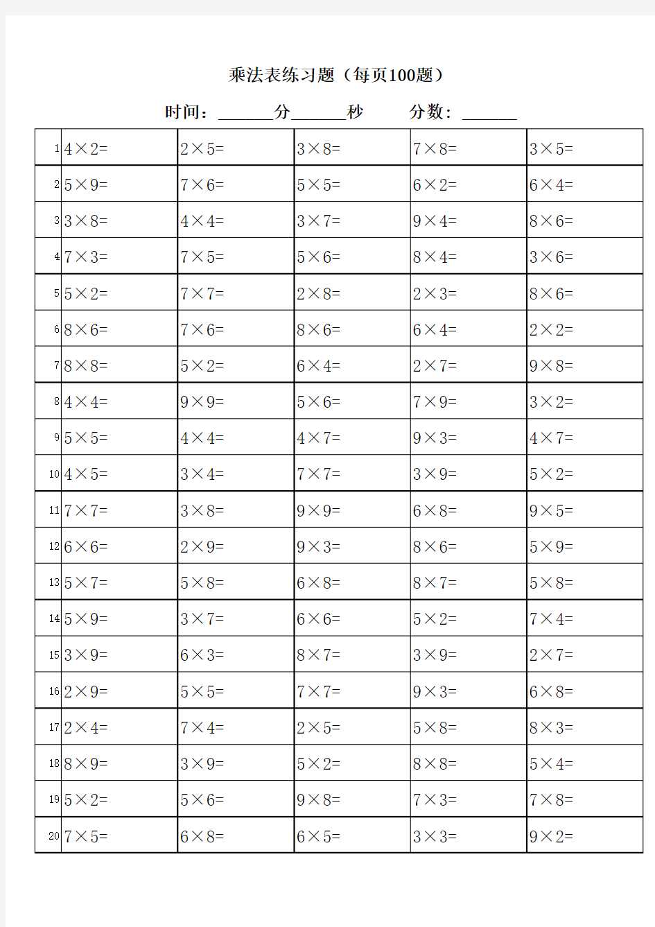 一位数乘法口算 题