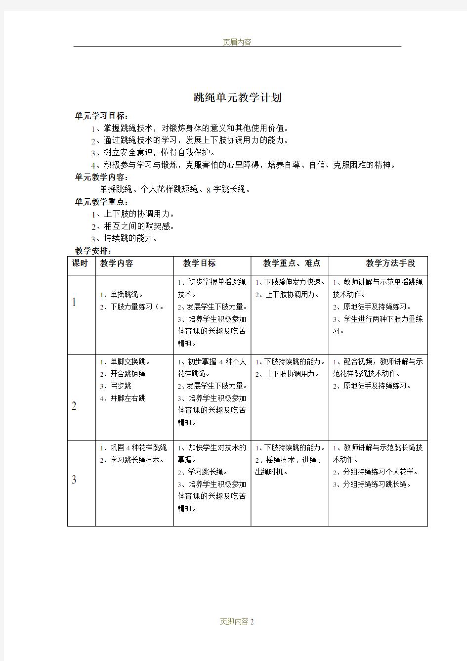 跳绳单元教学计划