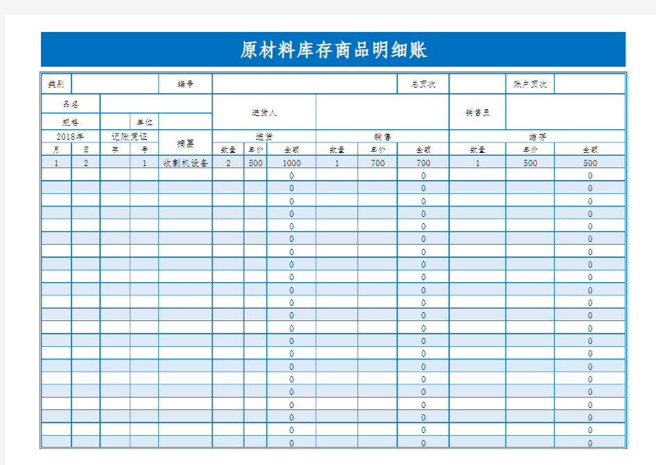 原材料库存商品明细账Excel模板