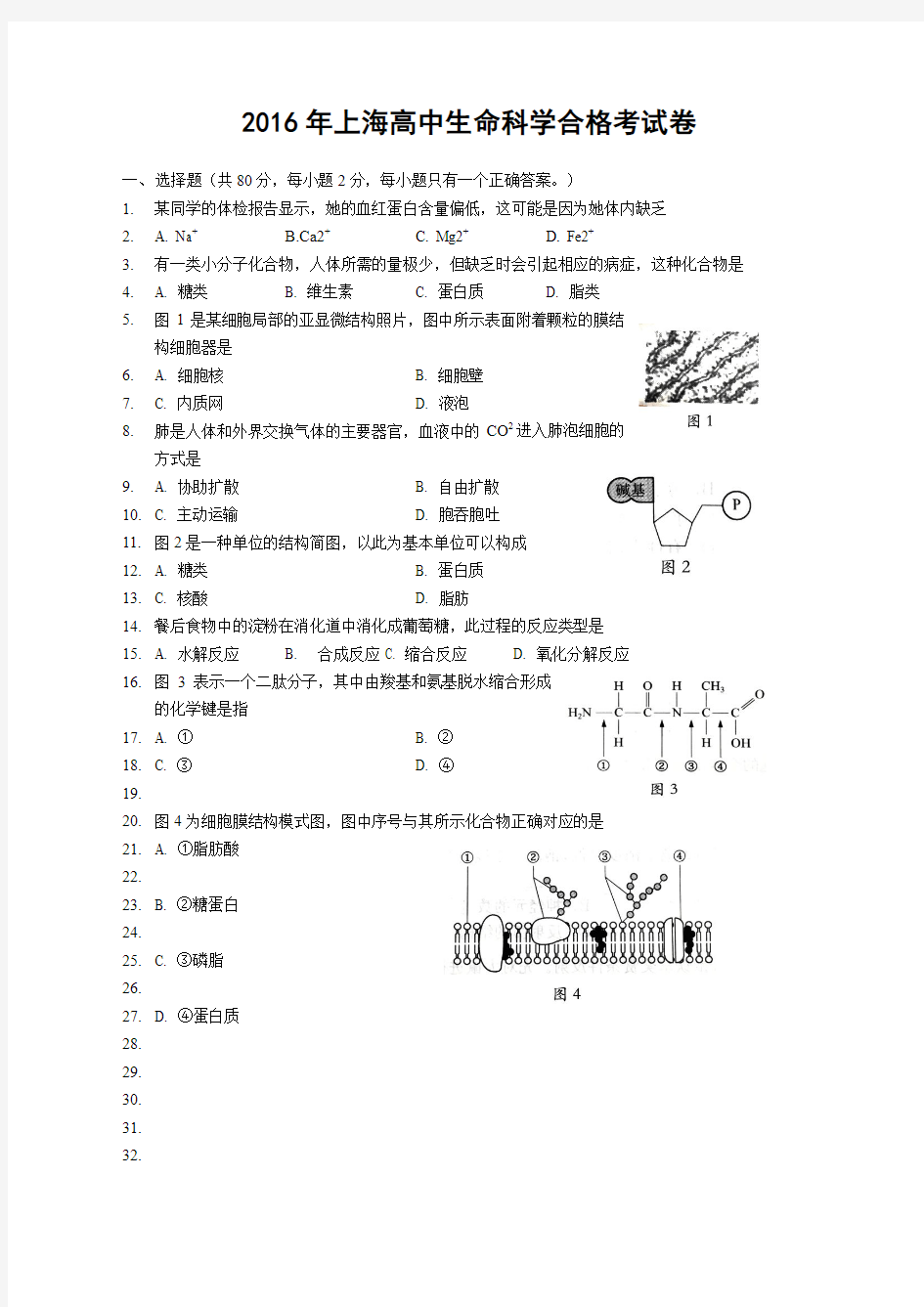 上海高中生命科学合格考试卷