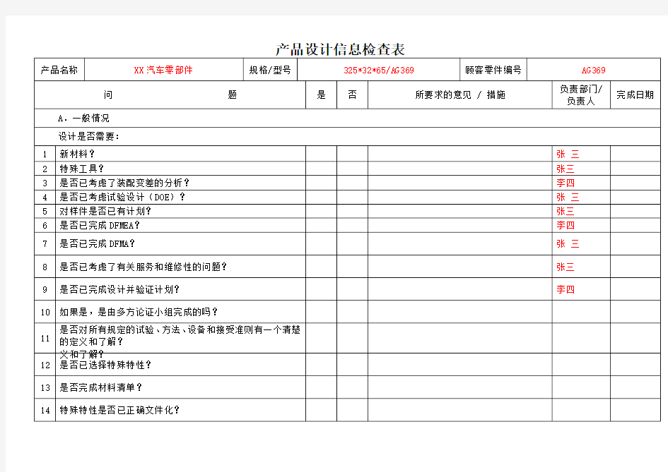 产品设计信息检查表