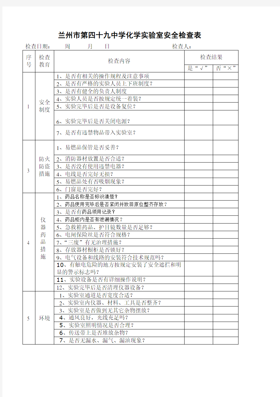 化学实验室 安全管理检查表