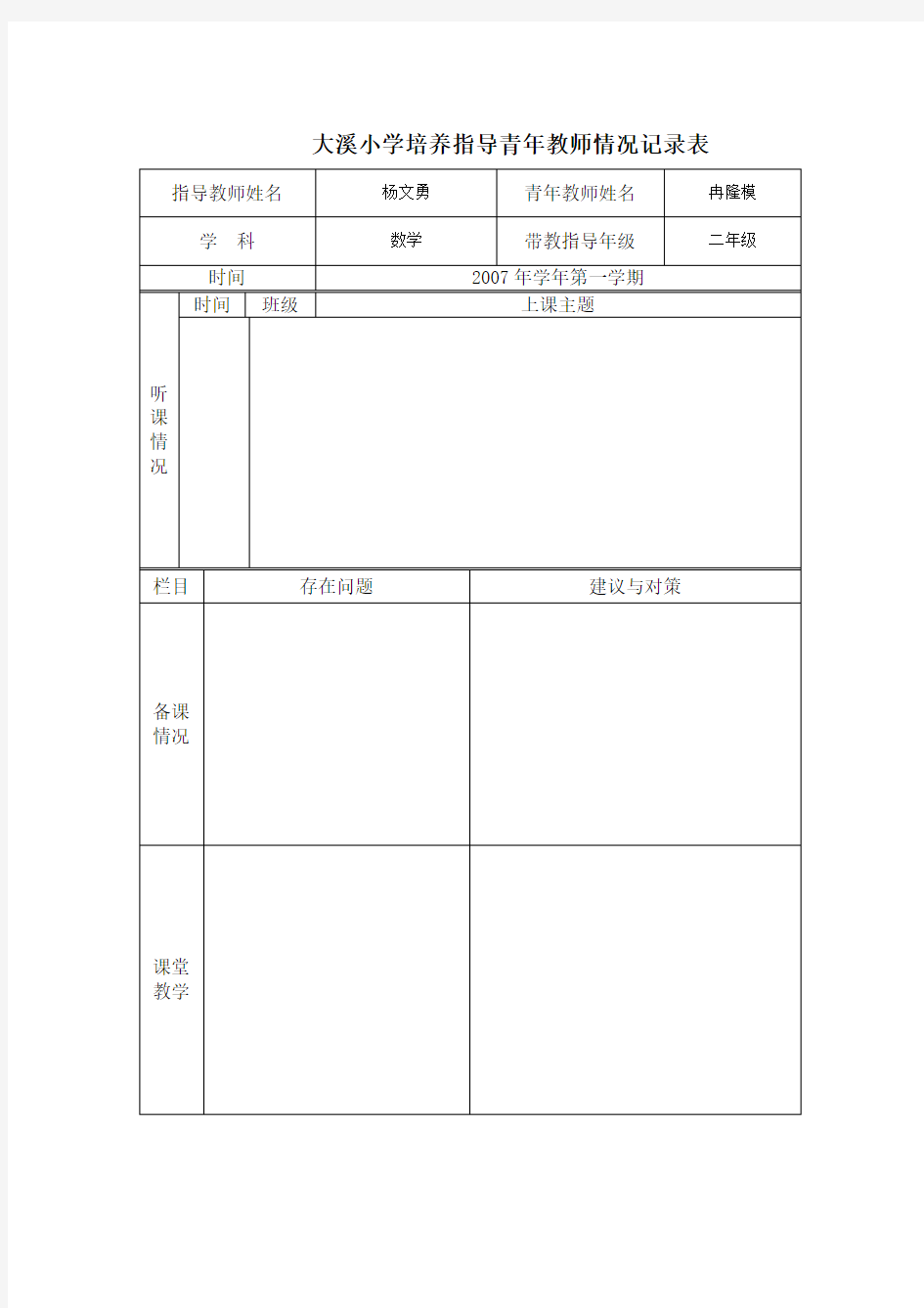 培养指导青年教师情况记录表