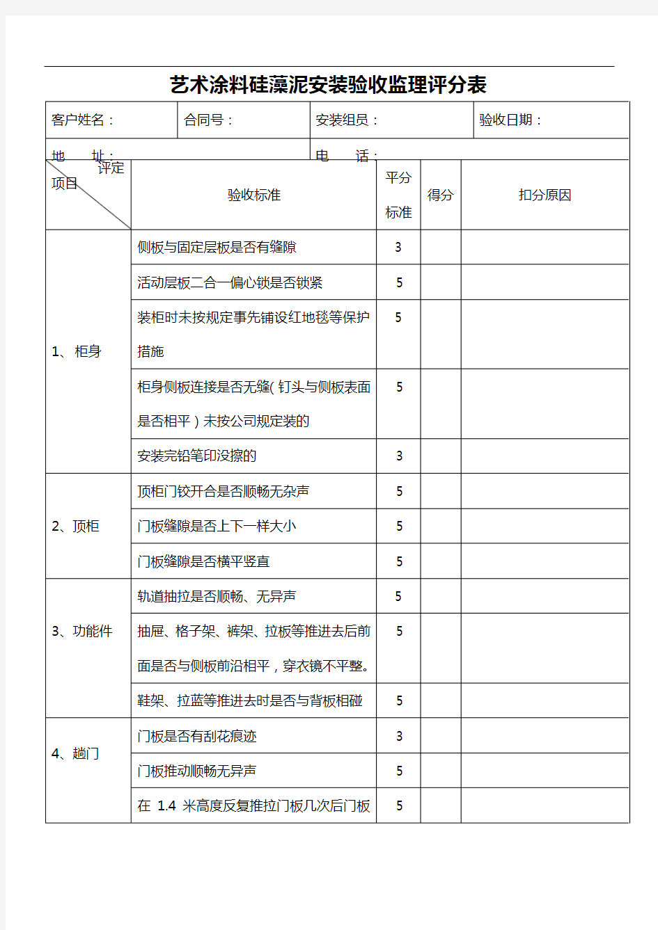 艺术涂料硅藻泥安装验收监理评分表