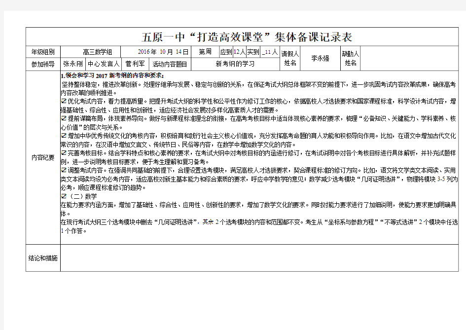 高三数学组备课组活动记录2016.10.14