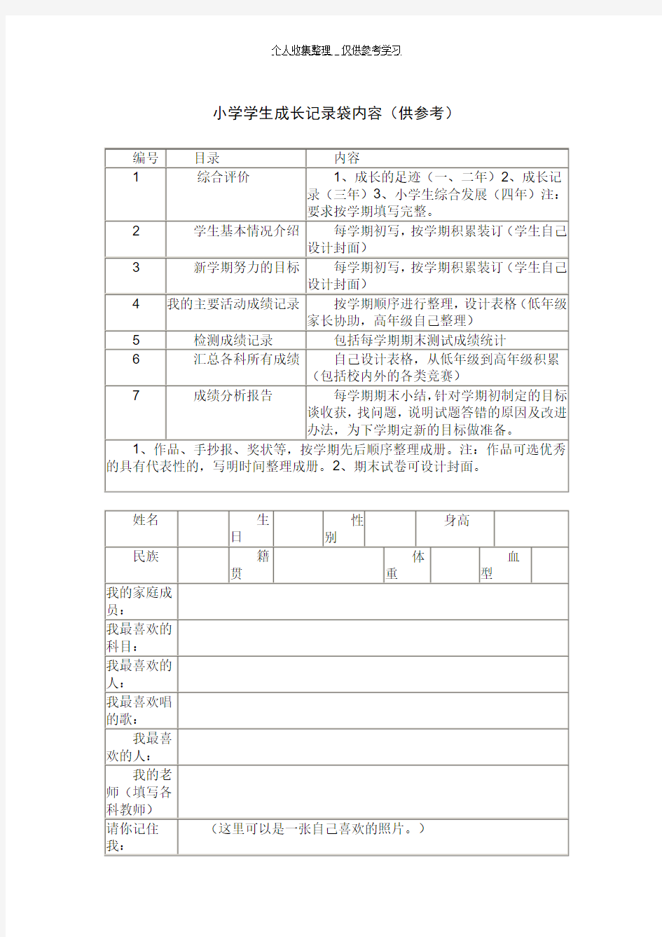 学生成长记录袋内容