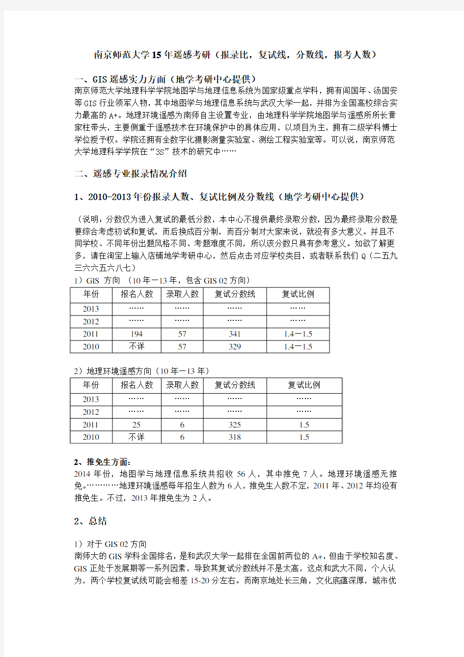 南京师范大学15年遥感考研报录比分数线报考人数