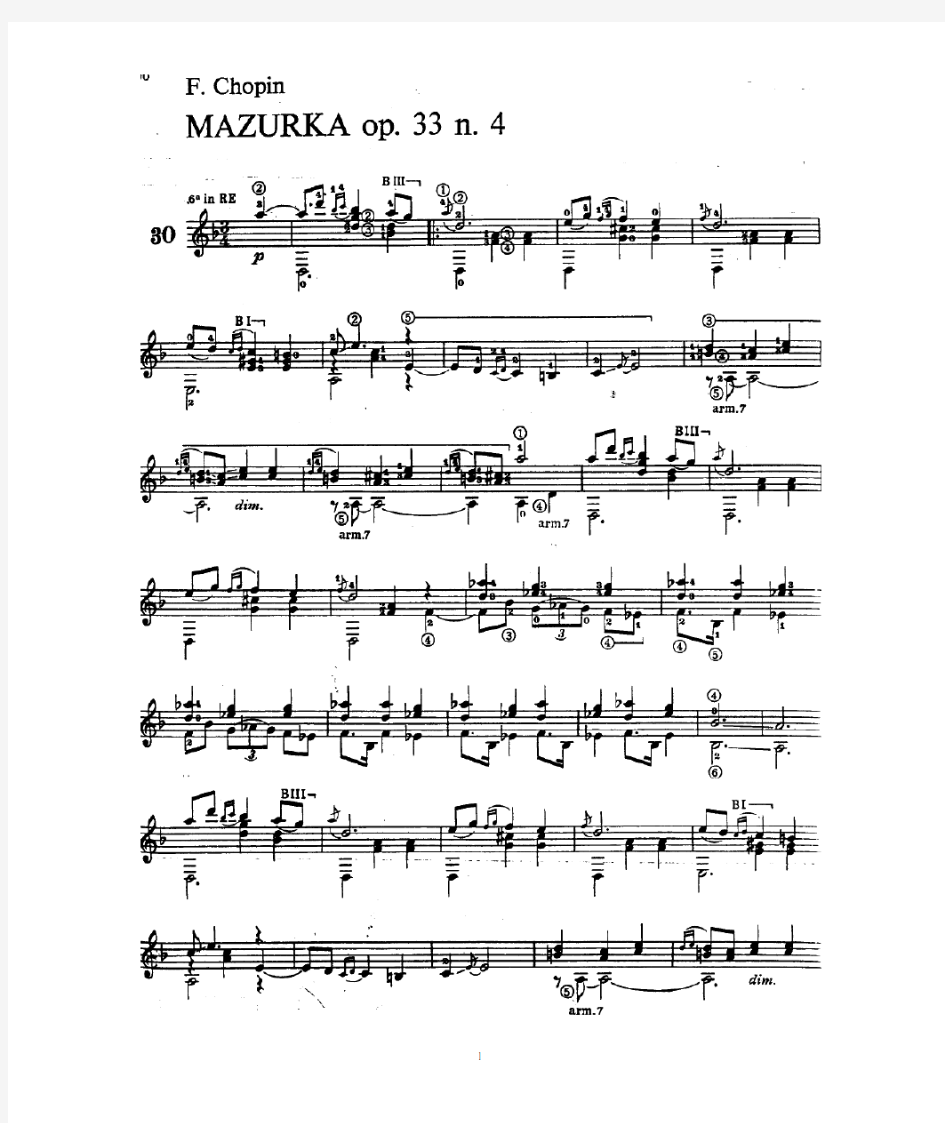 肖邦作品33-4《玛祖卡》Mazurka,op33 n 4;F. Chopin(Tarrega古典吉他谱)