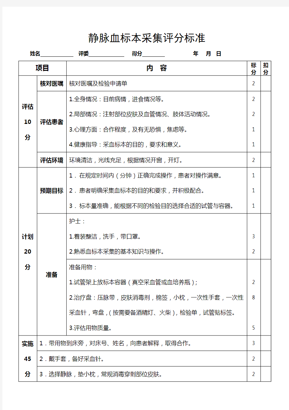 静脉采血操作评分标准