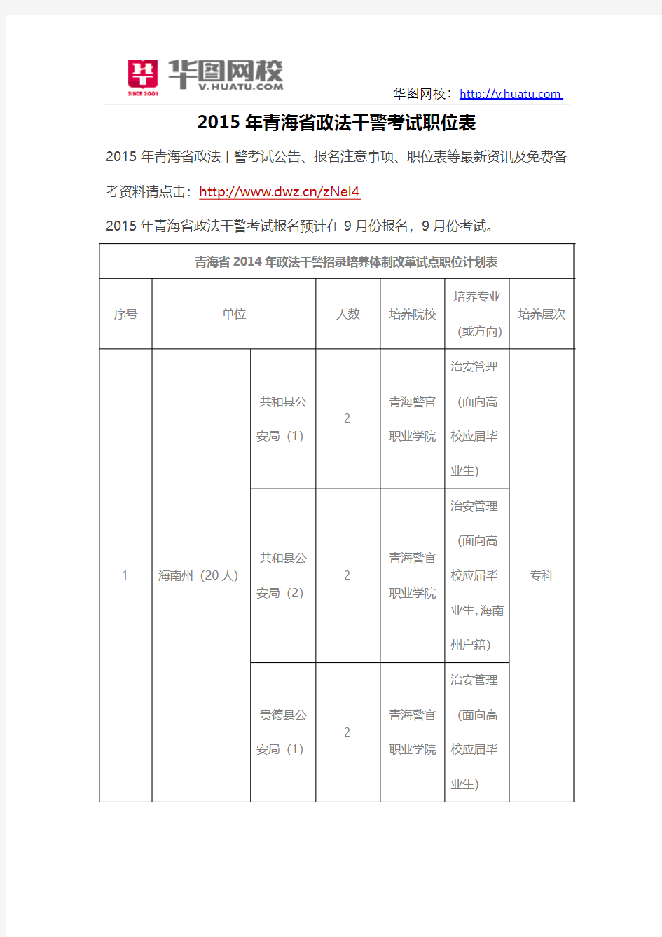 2015年青海省政法干警考试职位表