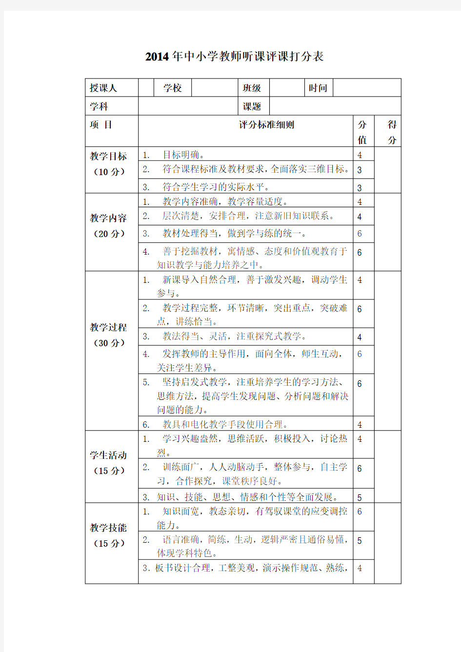 2014年中小学教师听课评课打分表