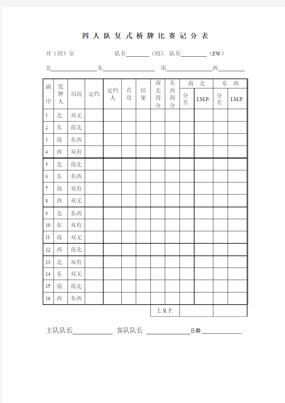 四人队复式桥牌比赛记分表