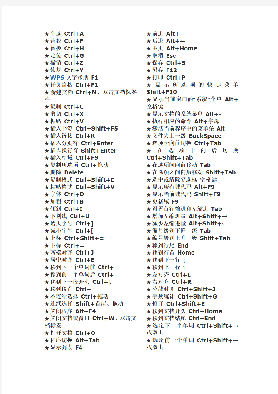 WPS快捷键使用技巧大全(可直接打印)