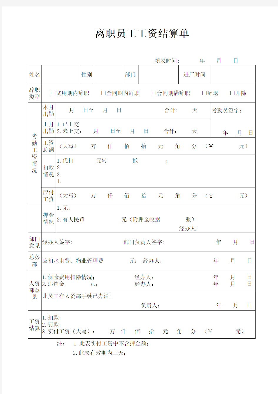 离职员工工资结算单