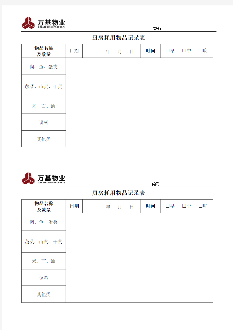 厨房物品使用记录表