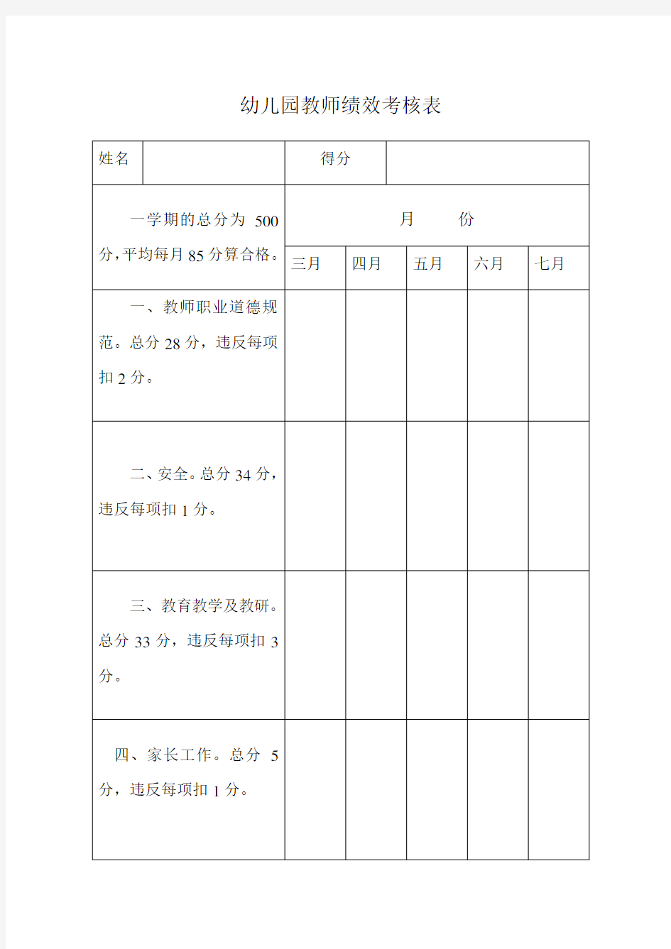 幼儿园教师绩效考核表