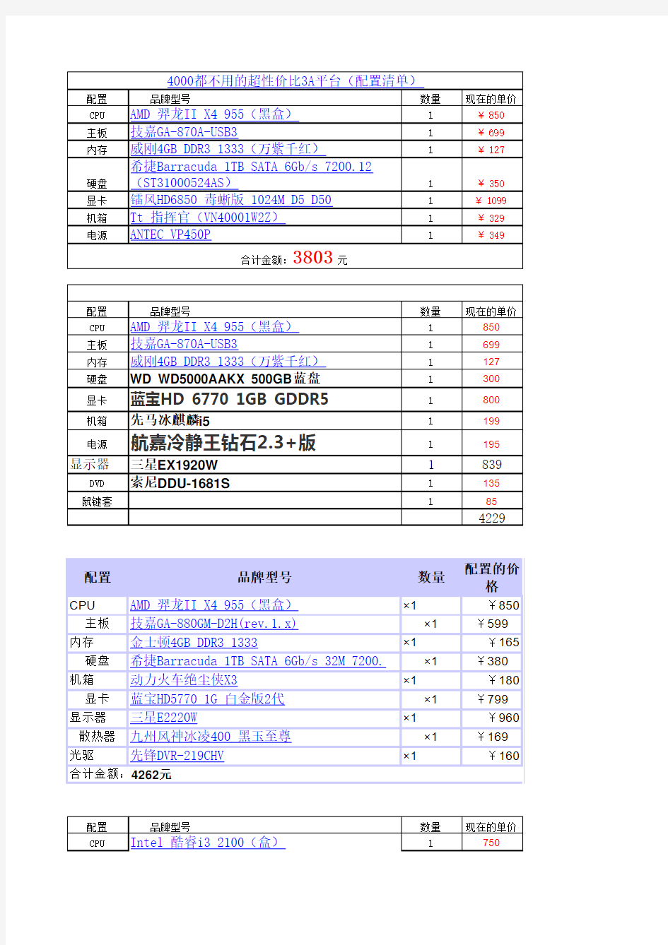 电脑配置表