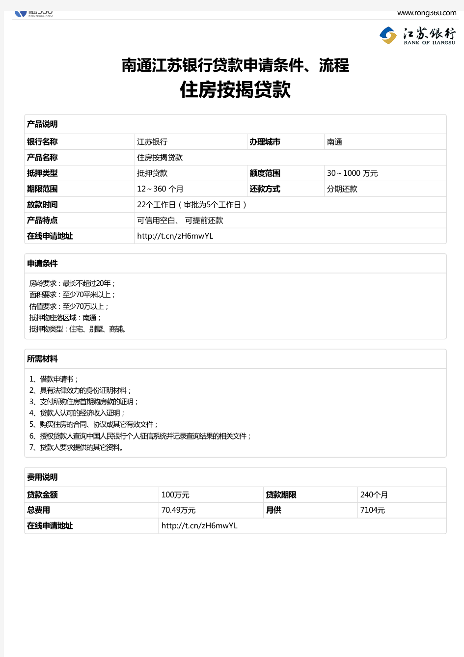 《住房按揭贷款》南通江苏银行-房屋抵押贷款-申请条件、材料、流程、利率