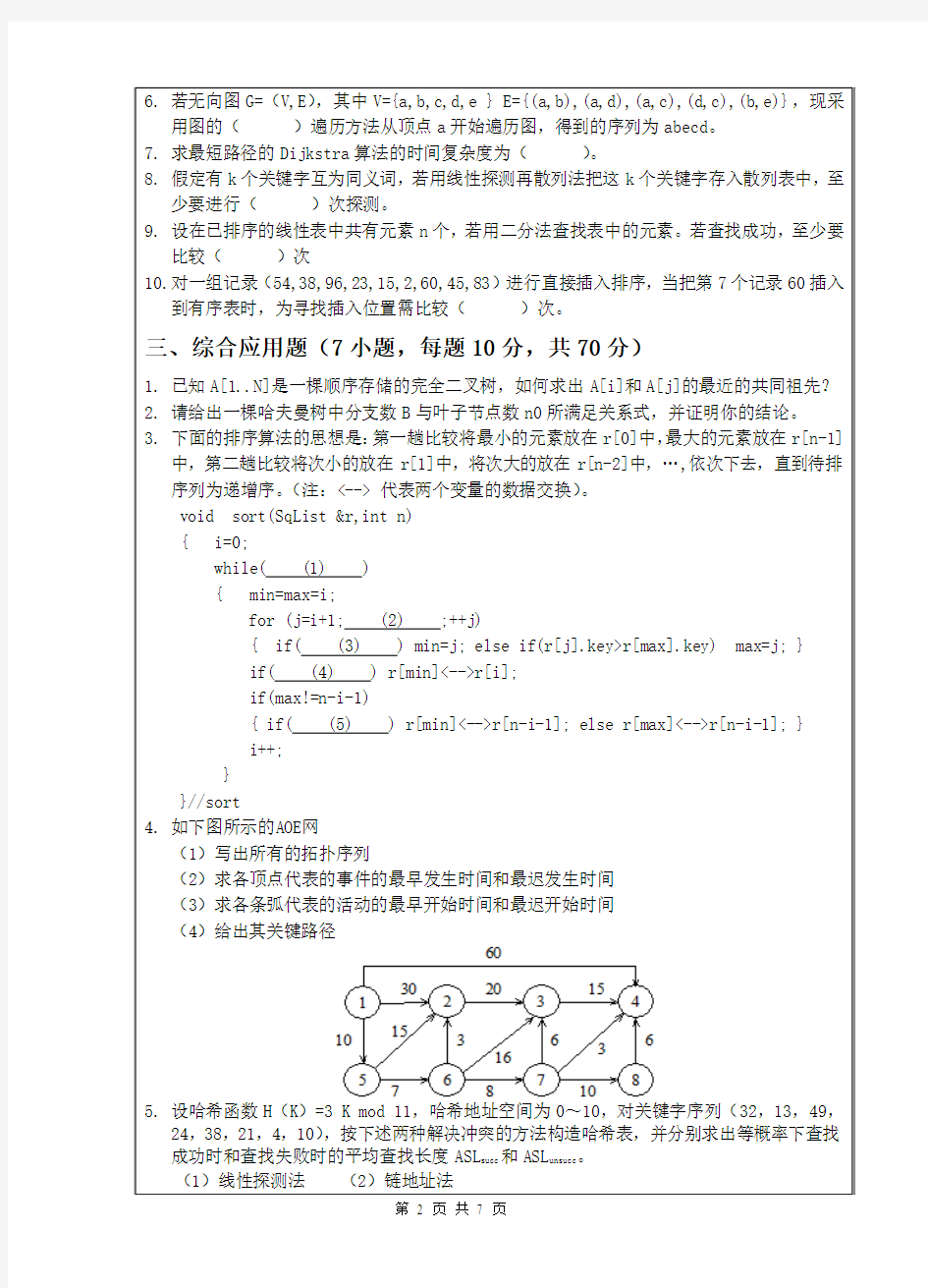 2014年武汉科技大学考研试题 856数据结构(C语言版)(A卷)和标准答案