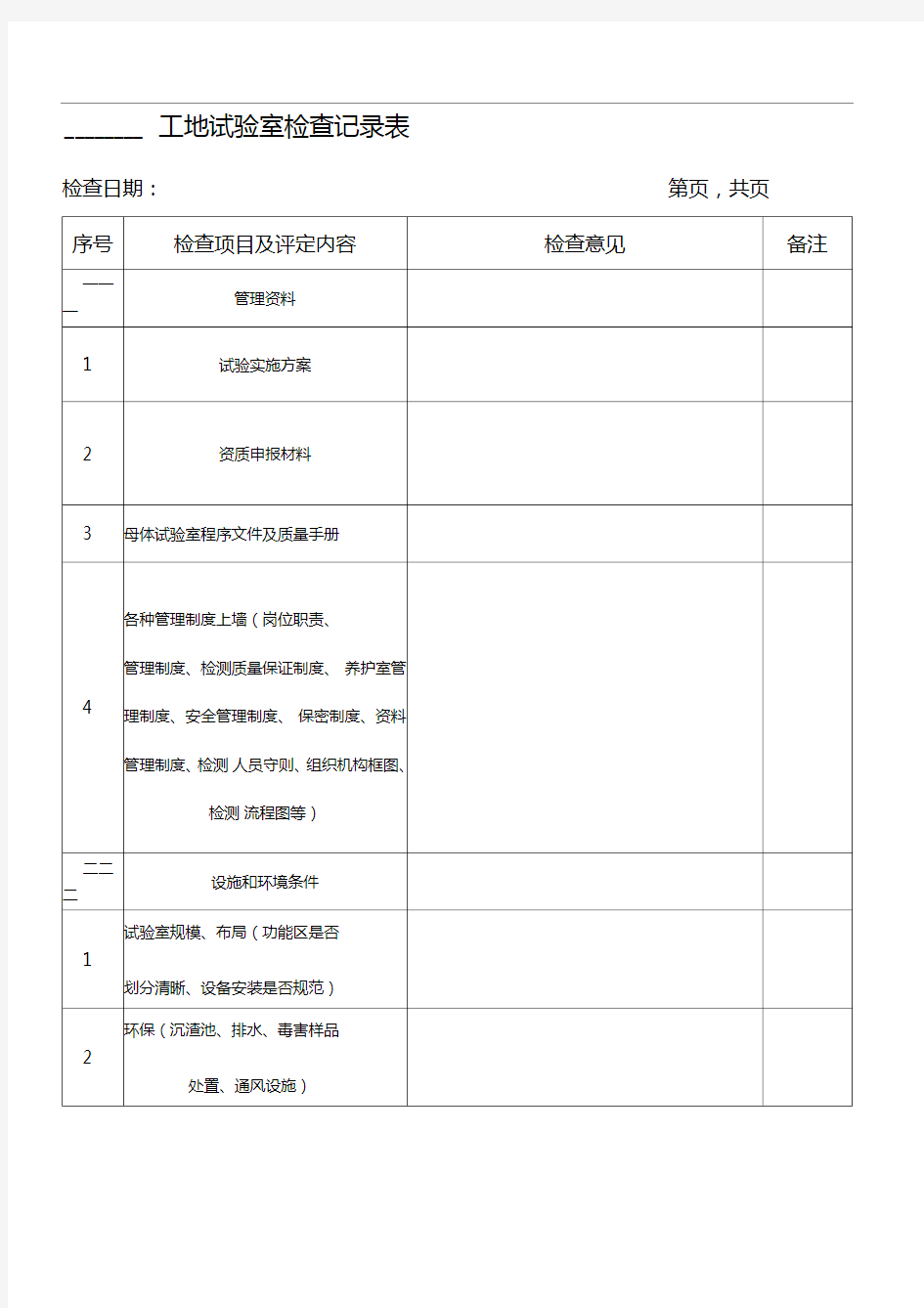 公路工程工地试验室检查记录表