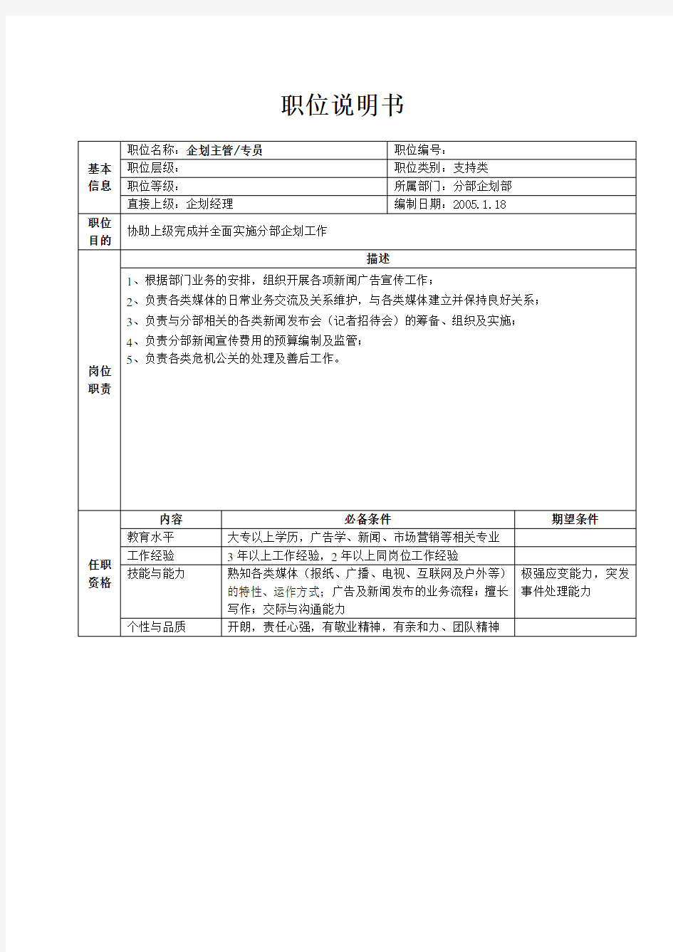 集团公司详细岗位说明书大全分部企划部职位说明书