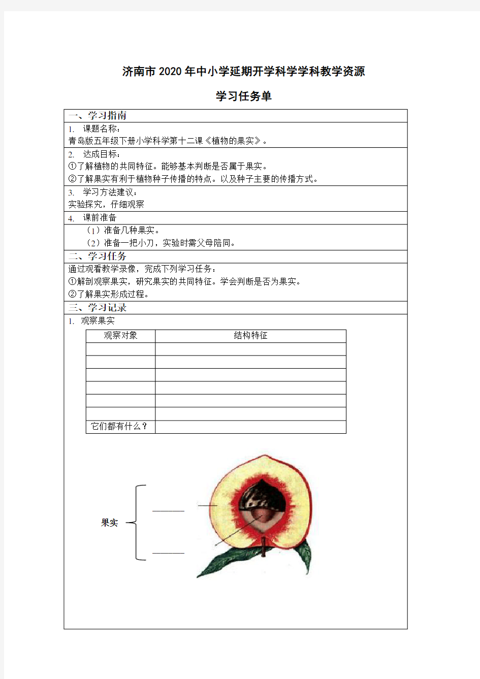 学习任务单设计-小学科学-五年级-植物的果实 -章丘双语学校