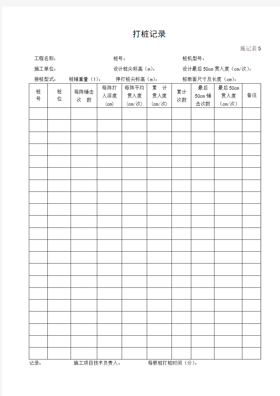 【工程表格模板】打桩记录